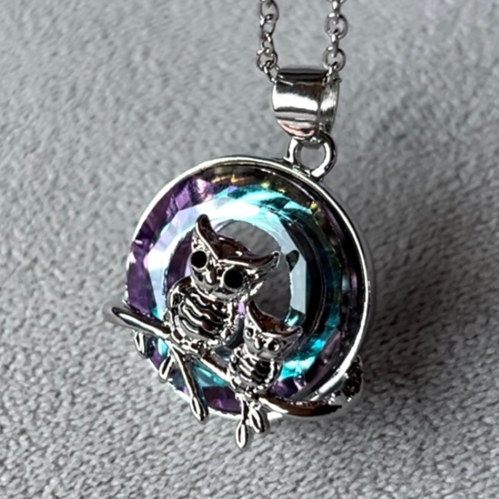 Owl with Owlet Necklace ~ Stunning Blue Purple Circular Stone ~ Brand New!